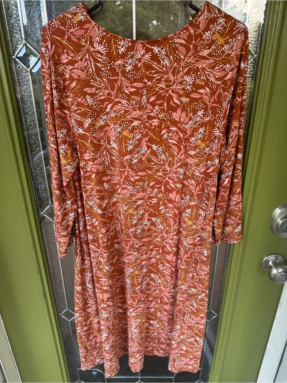 Garnet Hill Women’s L Brown Pink White Floral Knit Scoop Neck 3/4 Knee Dress - Picture 4 of 4